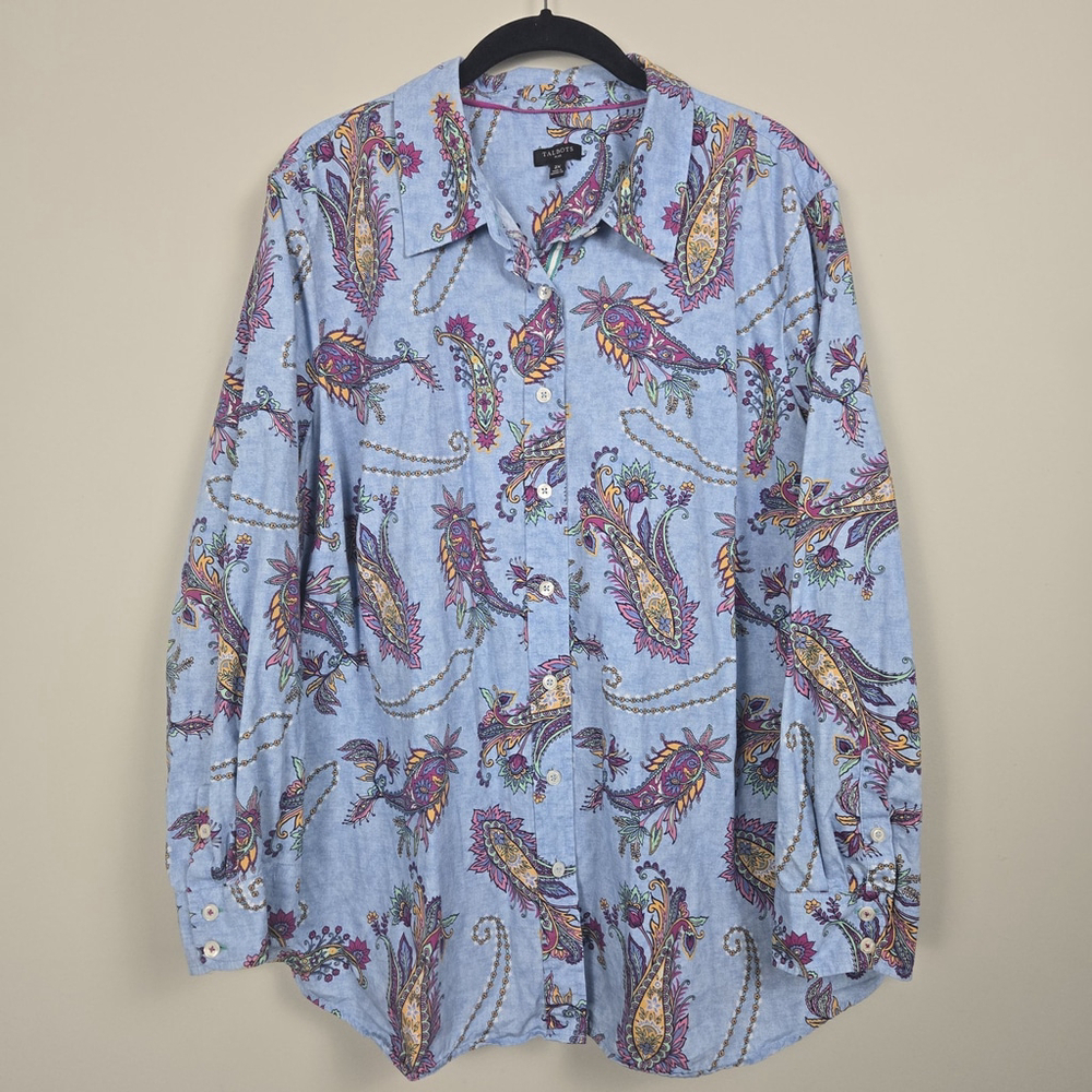 Talbots Womens Long Sleeve Button Up Top 2X Blue Paisley Artsy Vibrant